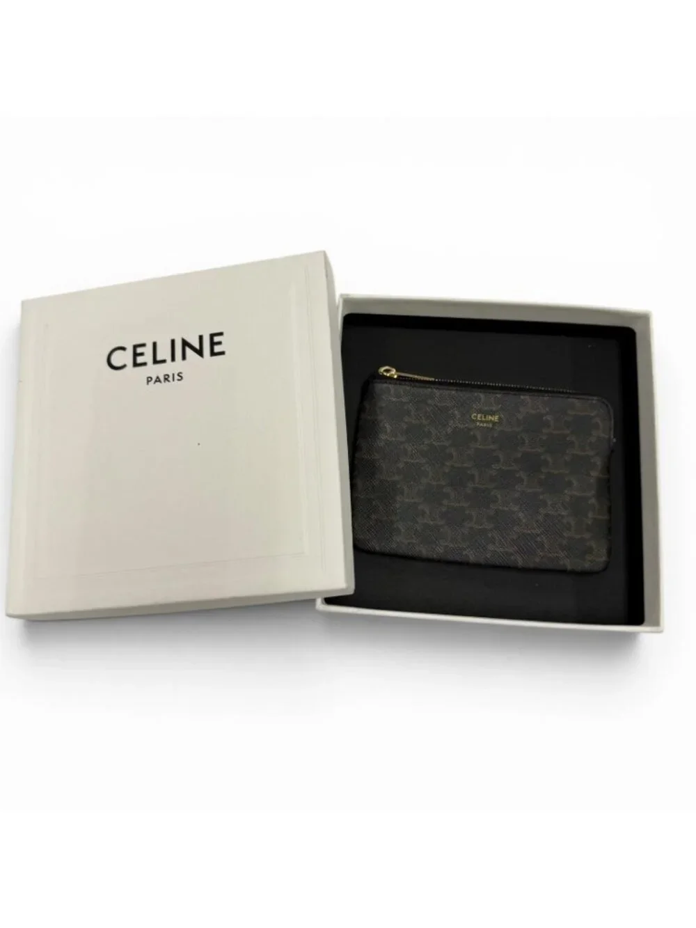 Celine Triomphe Canvas Key Ring Coin Case Black